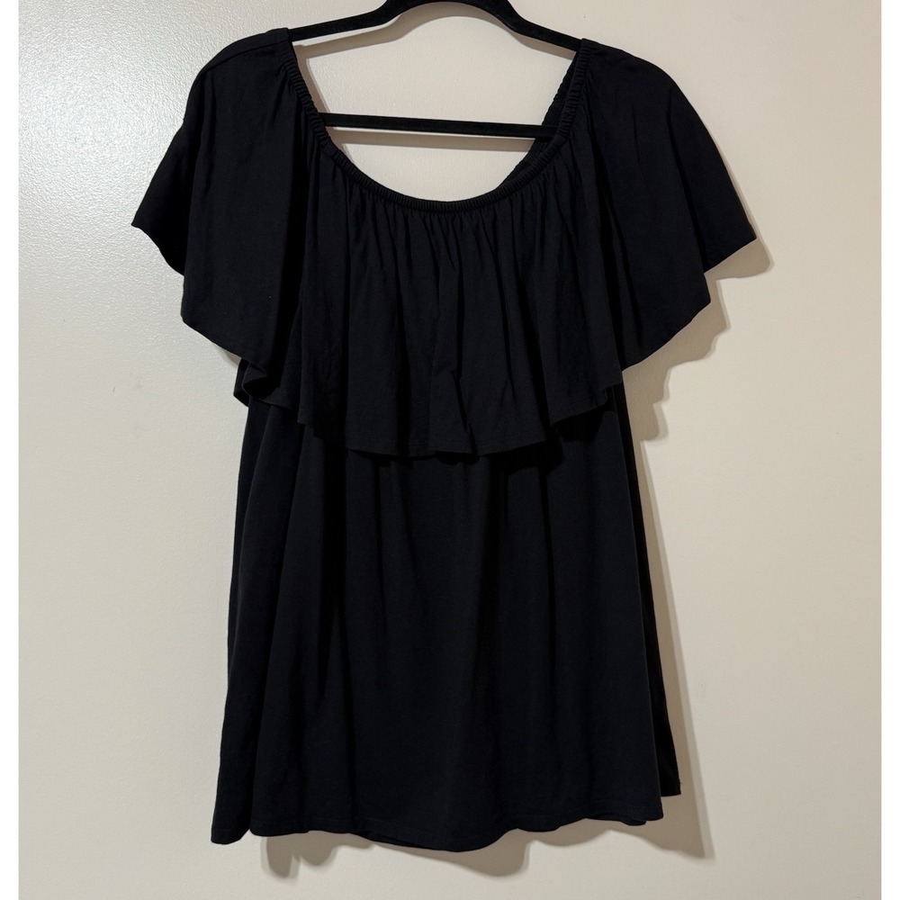 Woman Within Black Ruffled Neckline Top Size L Relaxed Boho Flowy Gothic Casual